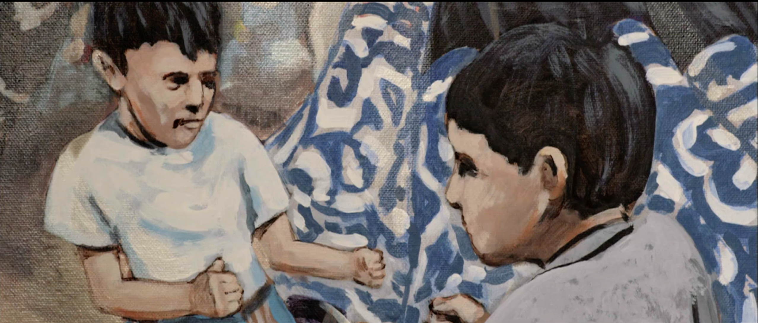 Detail of an original painting of two boys made for Takanakuy