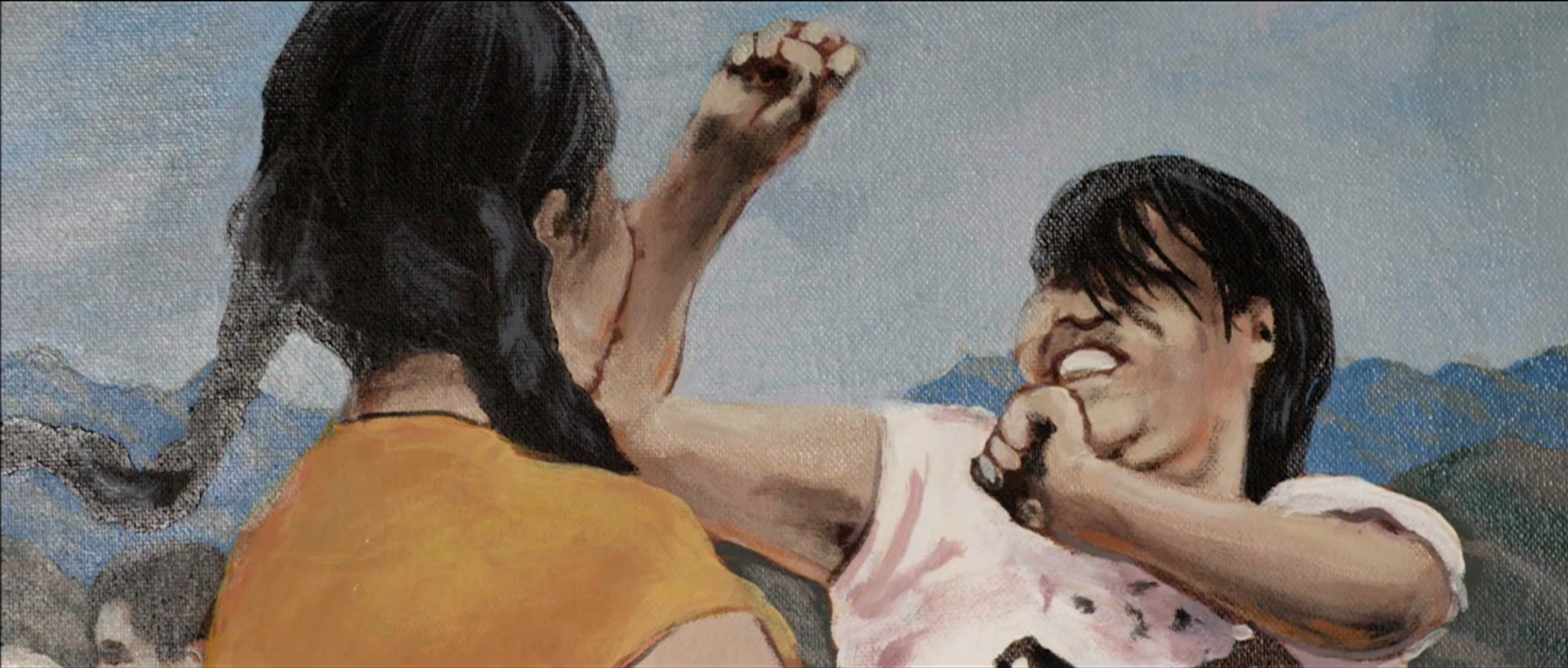 Detail of a hand-painted canvas showing two figures brawling before a mountain landscape, Takanakuy